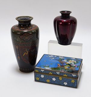 3PC Japanese Cloisonne Vase & Box Group