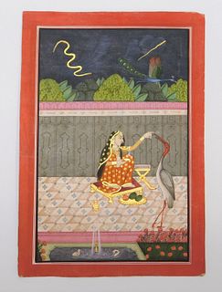 19C Indian Bundi School Queen & Crane Painting
