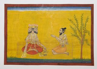 19C Indian Pahari School Brahma & Saint Painting