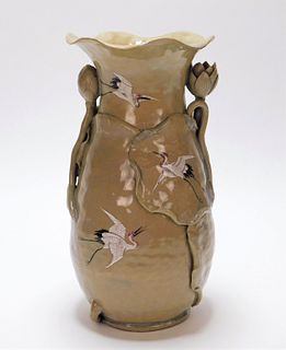 Japanese Lotus & Crane Art Pottery Vase