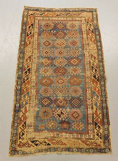 Antique Caucasian Light Blue Geometric Carpet