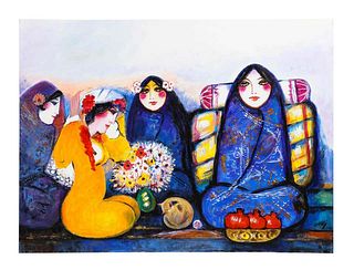 Nasser Ovissi, 'Iranian, Born 1934' "Four Seated Girls" Oil on Canvas Painting