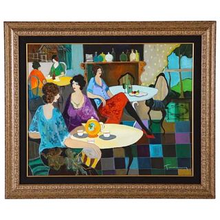 Itzchak Tarkay (Israel, 1935-2012) "Afternoon Tea" Oil on Canvas Painting