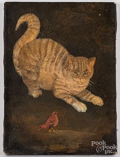 Jeanne Davies oil on canvas of a cat and bird