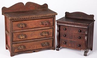 Two miniature pine and walnut chest of drawers