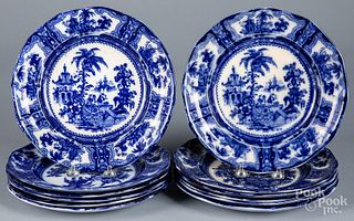 Twelve flow blue Kyber pattern porcelain plates