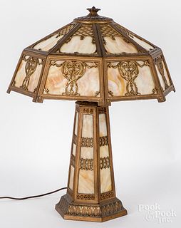 Spelter and slag glass table lamp, early 20th c.