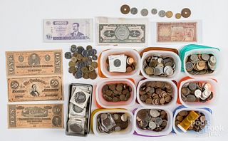 Collection of foreign coins and currency.
