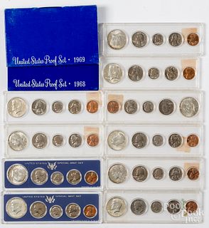 Twelve US mint and proof sets; 1965-69.