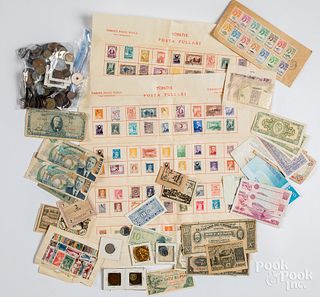 Foreign coins, paper currency, and stamps.
