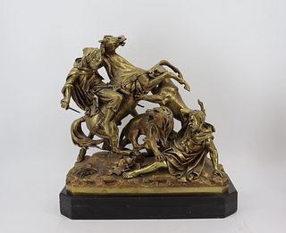 Large Antique Bronze Arab On Horse Fighting Lions
