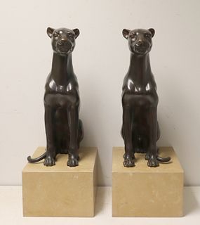 2 Bronze Cat Sculptures On Stands.