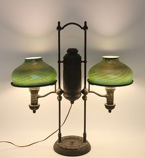 Tiffany Studios Bronze Double Shade Oil  Lamp