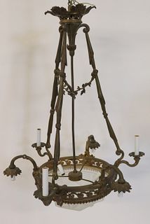 Art Deco Bronze Chandelier With Shaped Glass