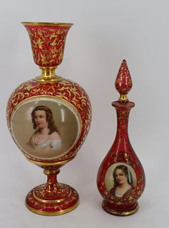 Two Bohemian Glass Portrait Items, Vase & Bottle