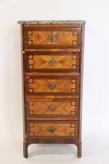 Antique French 5 Drawer Inlaid Marbletop Chest.