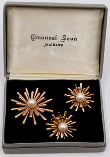 JEWELRY. 3 Pc. 18kt Gold and Pearl Starburst Suite