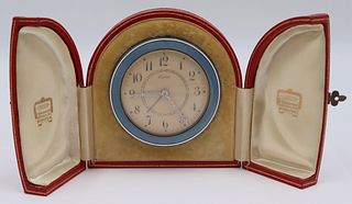 Cartier Guilloche Enamel and Diamond Desk Clock.