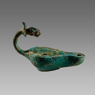 Roman Style Bronze Oil Lamp with lion head handle. 