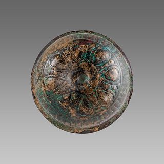 Ancient Near Eastern Luristan Bronze Bowl c.8th century BC. Size 4 5/8 inches diameter x 2 1/2 inches high. Fine Ancient Near Eastern Luristan Bronze 