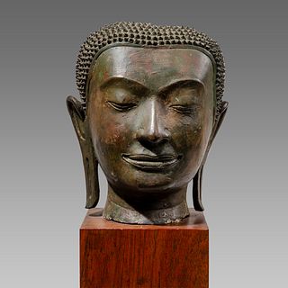 Thai Bronze Head Of Buddha. Size 10 3/4 inches high. 