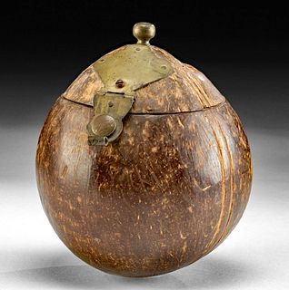 Antique English Coconut Vessel w/ Brass Hinge & Latch