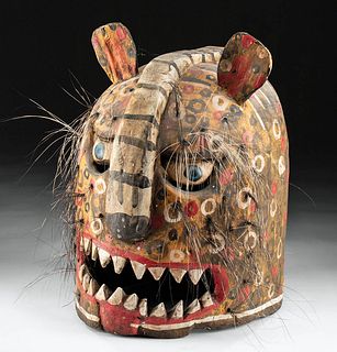Mid-20th C. Mexican Polychrome Wood Jaguar Helmet Mask