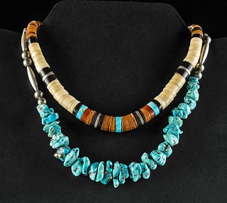2 Vintage Navajo Silver, Shell, & Turquoise Necklaces