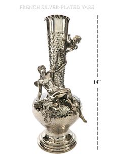 Art Nouveau French Silver- Plated Figural Vase, Signed
