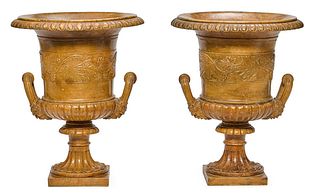 A PAIR OF CARVED ALABASTER CLASSICAL STYLE URNS