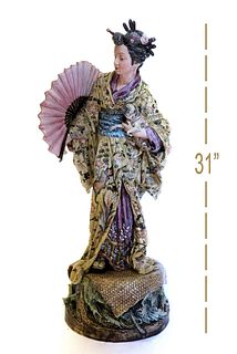 19th C Large Continental Figure of a Geisha with Pugdog