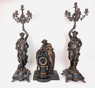 19th C French Patinated Bronze Clock Set By Charpentier