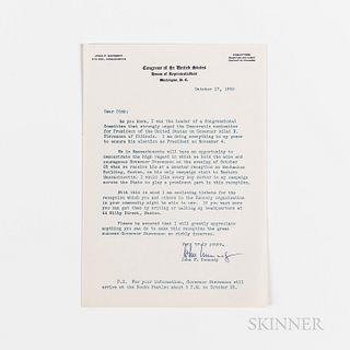 Kennedy, John F. (1917-1963) Typed Letter Secretarially Signed to Dick [Richard S. Kelley], 17 October 1952