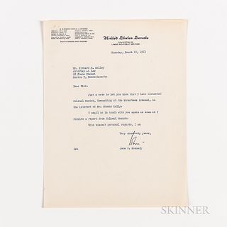 Kennedy, John F. (1917-1963) Typed Letter Signed to Richard S. Kelley, 17 March 1953 and Associated Correspondence Regarding Employment of a Disabled 