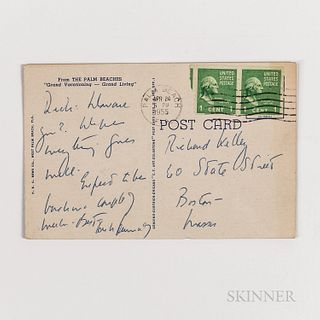 Kennedy, John F. (1917-1963) Inscribed Postcard to Richard Kelley, April 1955