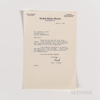 Kennedy, John F. (1917-1963) Typed Letter Signed to Richard S. Kelley, 17 June 1955