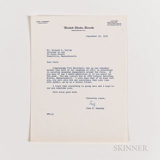 Kennedy, John F. (1917-1963) Typed Letter Signed to Richard S. Kelley, 30 September 1958, and Related Documents