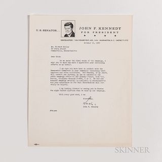 Kennedy, John F. (1917-1963) Typed Letter Signed to Richard S. Kelley, 10 October 1960, and Documents Related to the 1960 Presidential Campaign