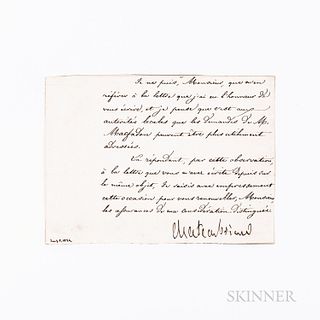 Chateaubriand, Francois-Rene de (1768-1848) Note Signed, July 1824