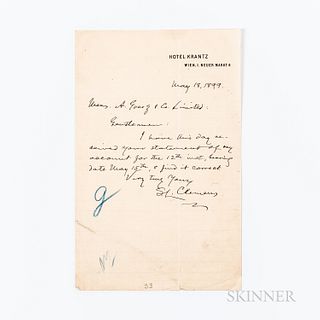 Clemens, Samuel (1835-1910) Autograph Note Signed, 18 May 1899