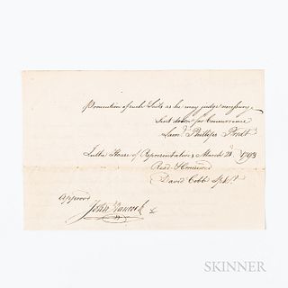 Hancock, John (1737-1793) Document Signed, 20 March 1793
