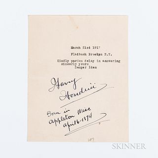 Houdini, Harry (1874-1926) Typed Note Signed, Brooklyn, New York, 21 March 1917