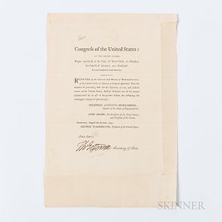 Jefferson, Thomas (1743-1826) Printed Document Signed, 2 August 1790