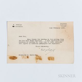 Kipling, Rudyard (1865-1936) Typed Letter Signed, 21 February 1925