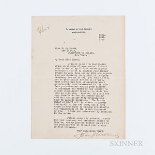 Pershing, John J. (1860-1948) Typed Letter Signed, Washington, DC, 25 April 1922