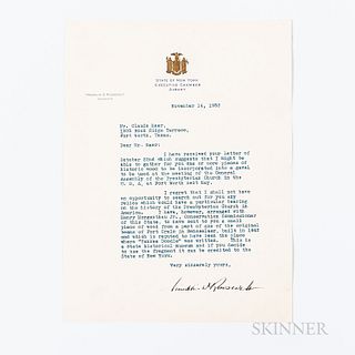 Roosevelt, Franklin Delano (1882-1945) Typed Letter Signed, Albany, New York, 14 November 1932