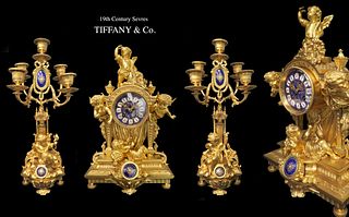 19th C. Tiffany & Co. Bronze Figural Clock set