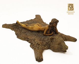 Nude Lady Bear Rug, Rare Franz Bergman Bronze Figurine