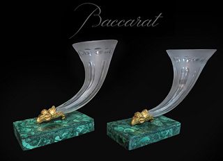A Pair of Baccarat Crystal, Malachite Gilt Bronze Vases