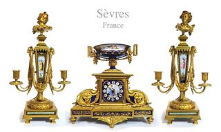 19th C. Sevres Gilt Bronze Jeweled Cobalt Clock Set